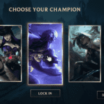 A concept image of the ARAM Champion cards in LoL - League of Legends, featuring 3 champion cards a lock in button and a bench button for the remaining champions.