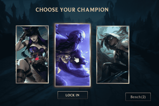 A concept image of the ARAM Champion cards in LoL - League of Legends, featuring 3 champion cards a lock in button and a bench button for the remaining champions.