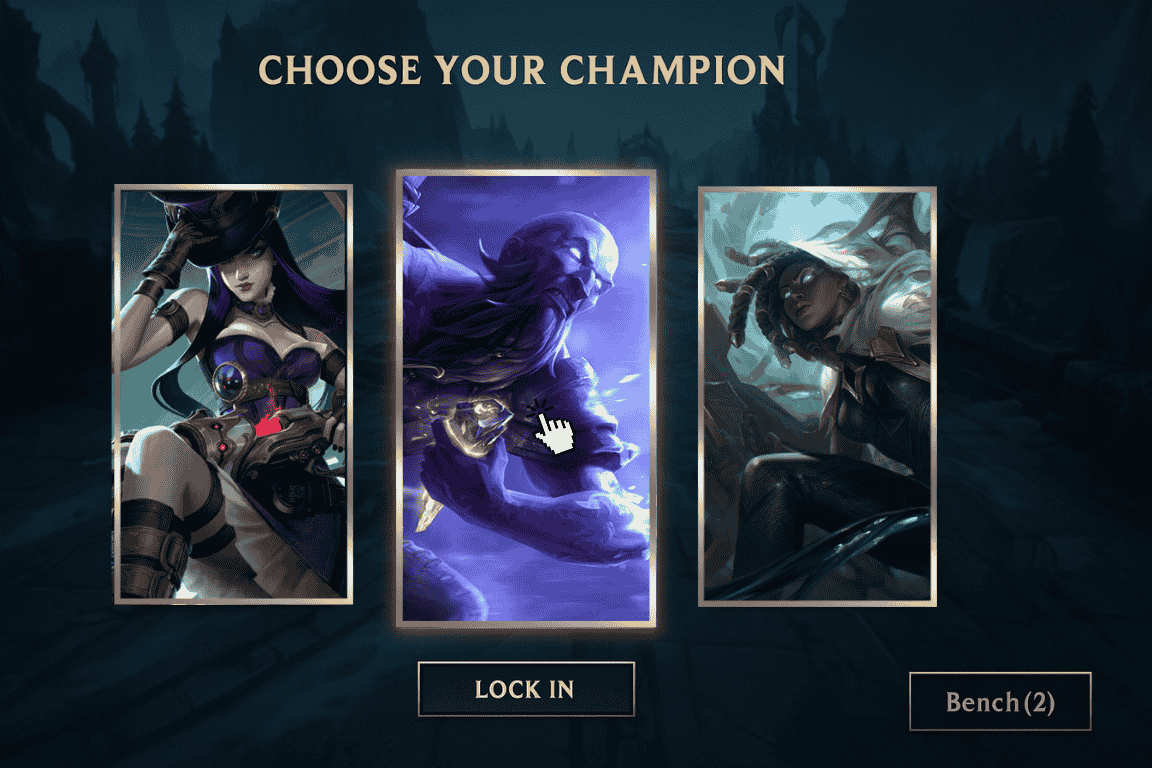 A concept image of the ARAM Champion cards in LoL - League of Legends, featuring 3 champion cards a lock in button and a bench button for the remaining champions.