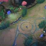 An overview of the Spirit Blossom ARAM Map in LoL - League of Legends, showing the new tree portals in the middle of the lane along with the new visuals with flowers, water streams and bright colors.
