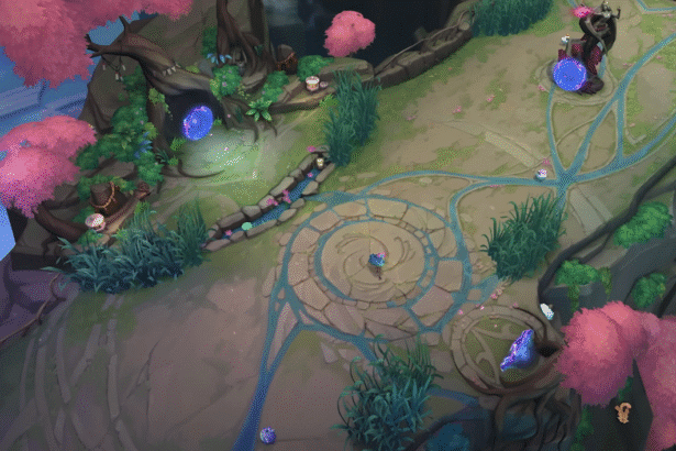 An overview of the Spirit Blossom ARAM Map in LoL - League of Legends, showing the new tree portals in the middle of the lane along with the new visuals with flowers, water streams and bright colors.