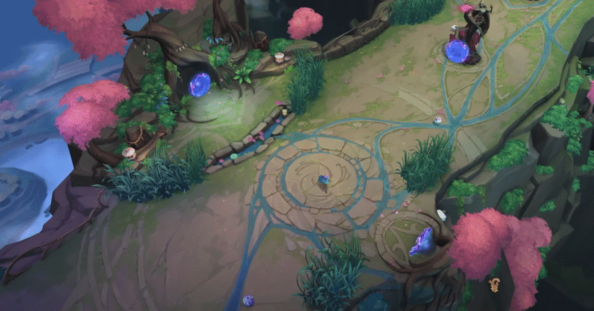 An overview of the Spirit Blossom ARAM Map in LoL - League of Legends, showing the new tree portals in the middle of the lane along with the new visuals with flowers, water streams and bright colors.